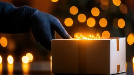 A gloved hand touches a lit box in a dark background
