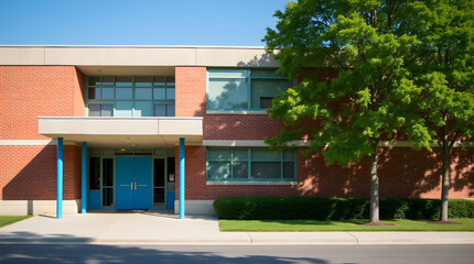 Red Brick School Building Blue Doors Green Trees Sunny Day - School Exterior Architecture
