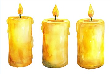 Set of yellow wax candle with burning flame on isolated background. Hand drawn watercolor illustration. Clip art for design, cards, labels, invitations, congratulations, packaging, printing