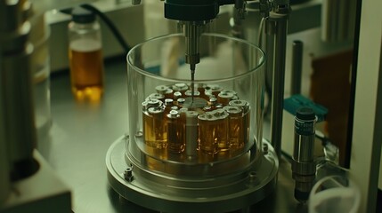 Machine is processing vials of liquid in laboratory setting