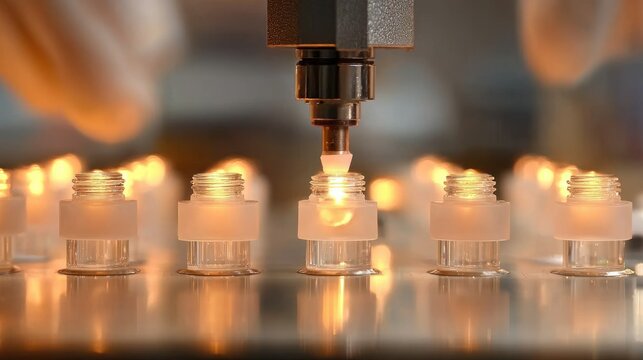 An automated process seals small bottles in a manufacturing operation