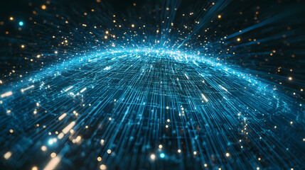 Naklejka premium Holographic global network grid with pulsing blue lines, technology connections glowing in the background, digital interconnectedness concept. Pulsing Network. Illustration