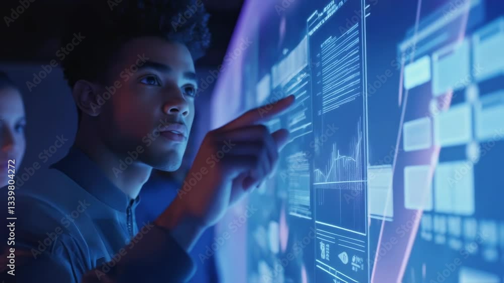 Poster young software developer analyzing holographic futuristic data on a transparent display, with collea