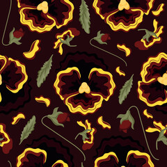seamless pattern with yellow flowers, namely yellow pansies and various leaves, flower buds on a brown background, for textiles or various packaging