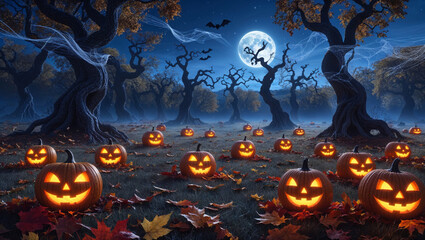 A spooky Halloween night unfolds in a moonlit forest, with glowing pumpkins, bats, and spiderwebs.
