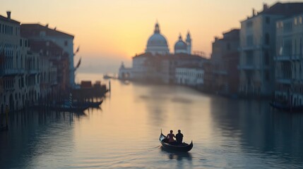 A romantic gondola ride traversing the water at sunrise time