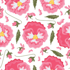 seamless pattern with pink flowers, namely pink pansies and various leaves, flower buds, for textiles or various packaging