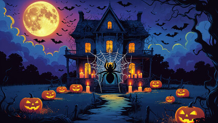 A spooky haunted house is illuminated by carved pumpkins under a full moon on Halloween night.