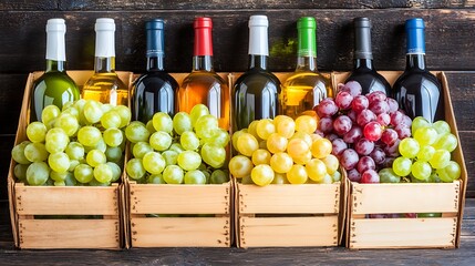 Wine bottles and grapes in wooden crates. Background. Use Food