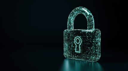 A digital padlock illuminated with glowing blue lines shows security