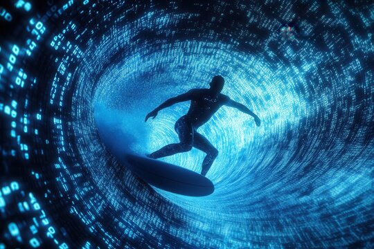 Surfer riding big data wave in digital tunnel, futuristic surfing concept