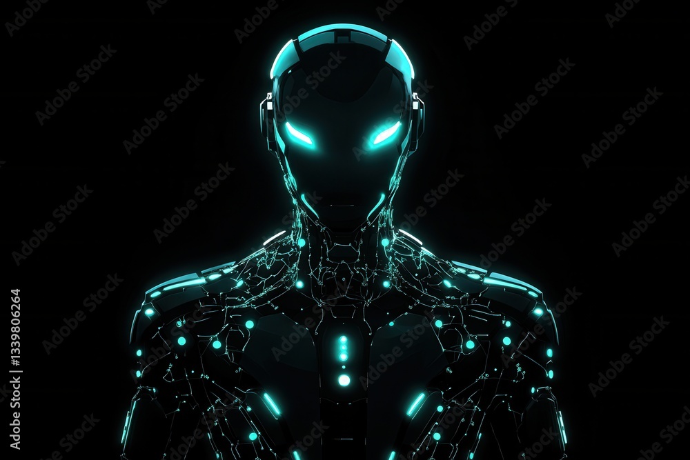 Poster futuristic robot showing artificial intelligence glowing in the dark