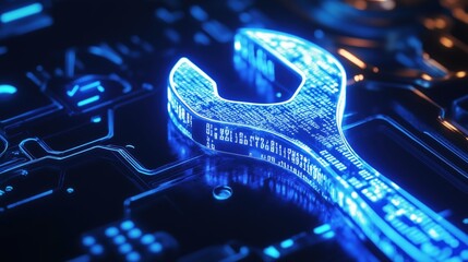 A futuristic blue digital wrench spanner embedded with glowing binary code symbolizes AI-driven predictive maintenance, diagnostics, and remote repair solutions.


