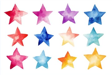Obraz premium Water color illustration collection of colorful abstract stars of various colours. Handdrawn watercolour , cut out clipart elements for creative design, template, scrapbooking, baby shower invitation