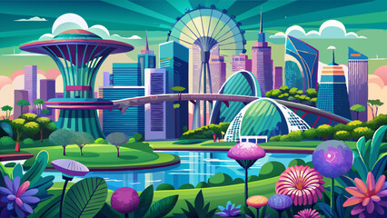 Singapore Skyline with Gardens by the Bay and Marina Bay Sands, Sinapore is Asian country