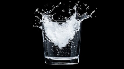 Water splashes dramatically as ice impacts inside of a glass