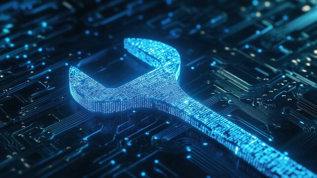 A futuristic blue digital wrench spanner embedded with glowing binary code symbolizes AI-driven predictive maintenance, diagnostics, and remote repair solutions.

