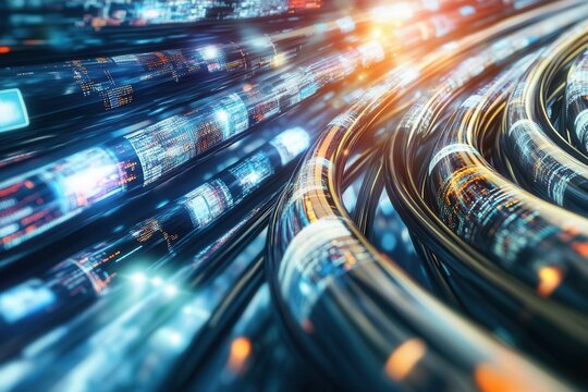 Fiber optic cables transferring data with futuristic digital display showing code