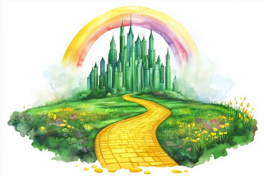Watercolor fairytale fabulous emerald city, rainbow and yellow golden brick road isolated on white background. Hand drawn illustration sketch