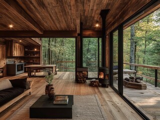 A cozy cabin interior with a fireplace and natural surroundings is displayed