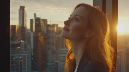 Fototapeta premium A woman gazes upward towards a cityscape sunset skyline