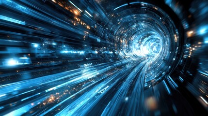 Futuristic data stream flowing through digital tunnel at high speed