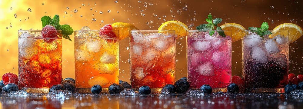 Colorful summer drinks exploding in slow-motion with ice and fruit pieces flying
