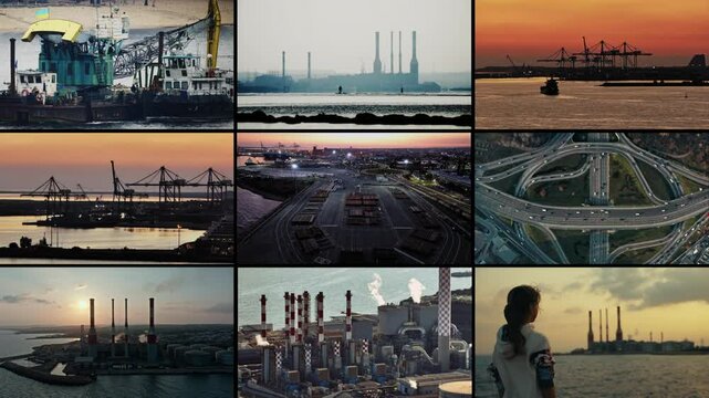 Video collage of industrial areas with power plants, factories, and truck deliveries, showing logistics, transport, and business processes in global trade. High quality 4k footage