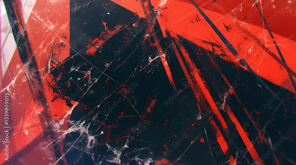 Poster abstract red and black geometric design with sharp lines and textures, evoking a sense of chaos