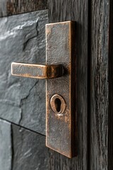 Bronze door handle on dark walnut, highlighting traditional craftsmanship