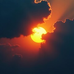Burning orange sun partially hidden by heavy, dark clouds , dark clouds, cloudy, celestial