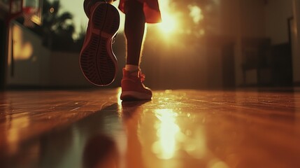 A basketball player runs across a shiny wooden basketball court
