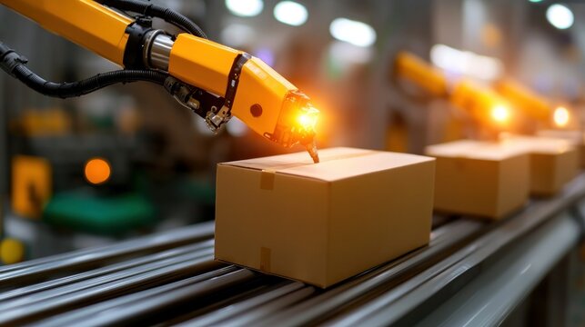 A robotic arm carefully processes a cardboard box on a conveyor belt
