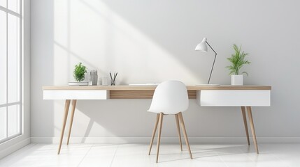 A minimalist designed office desk with chair and plants in sunlight