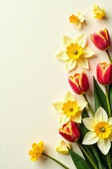 Fototapeta premium Delicate tulips & daffodils on textured cream paper, spring, springtime, white