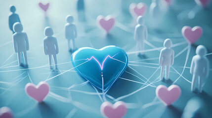 A blue heart with a heartbeat line connected to several white people figures with pink hearts around them. Pulsing Network. Illustration