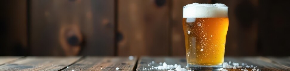 Frosty beer glass, condensation, rustic wood background, craft, wood, texture