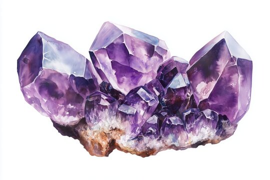 Watercolor purple crystal amethyst cluster hand drawn painting illustration isolated on white background tanzanit gem stones for design fashion advertising, geological logo, scrapbook, jewelry store
