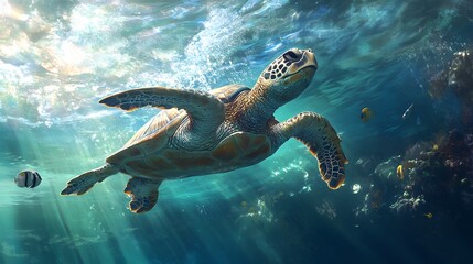 Obraz premium Sea Turtle's Aquatic Dance: A majestic sea turtle glides gracefully through the crystal-clear ocean depths, illuminated by sun-dappled waters, capturing the serene beauty of underwater life.
