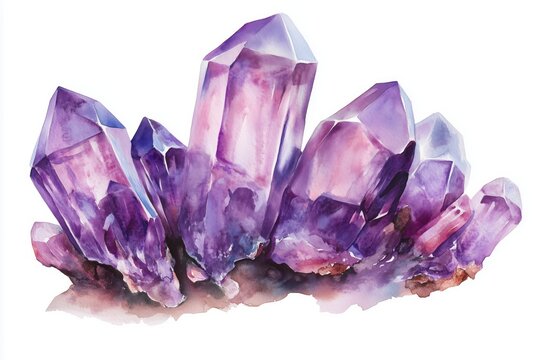 Watercolor purple crystal amethyst cluster hand drawn painting illustration isolated on white background tanzanit gem stones for design fashion advertising, geological logo, scrapbook, jewelry store