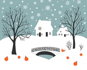 Winter scene with houses, trees, snow, and festive decorations