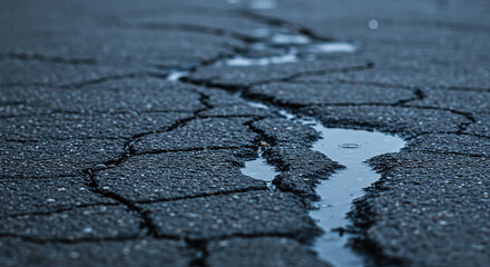 Obraz premium Closeup of the asphalt on an empty road, with raindrops creating small puddles and reflecting light in dark blue tones. Generative AI.