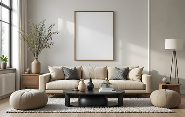 Interior design of living room with mock up poster frame, modern black coffee table, beige sofa, vase with rowan, rounded shapes armchair, pouf. lamp and personal accessories. Home decor. Template.
