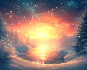 Winter sunset over frozen lake, stars, snowy forest
