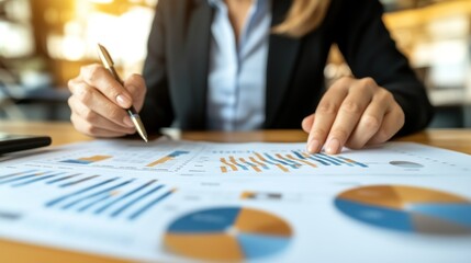 A person is analyzing charts with a pen and finger