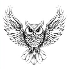 Obraz premium A majestic owl in flight, wings outstretched, depicted in intricate detail. A stunning black and white illustration.