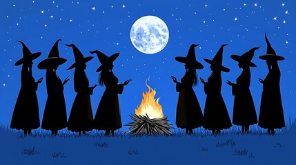 Witches circle around fire under the full moon
