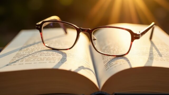 reading glasses resting on open book with sunlight streaming in. knowledge, relaxation and leisure. education, lifestyle, hobby, entertainment. national read across america day