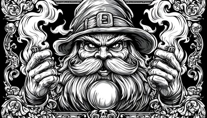 Wizard holds a mystical smoking wand, black background