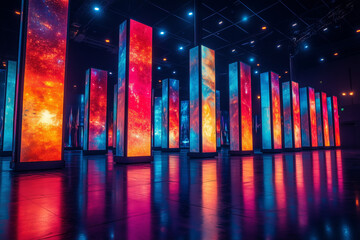  Dynamic performance stage with abstract neon LED screens reflecting colorful visuals.